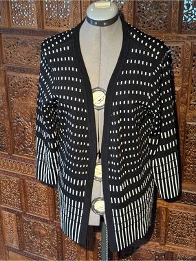Preston & York Black and White Open-Front Patterned Knit Blazer